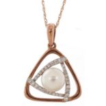 9ct rose gold cultured pearl and diamond pendant on a 10ct rose gold necklace, 2.2cm high and 44cm