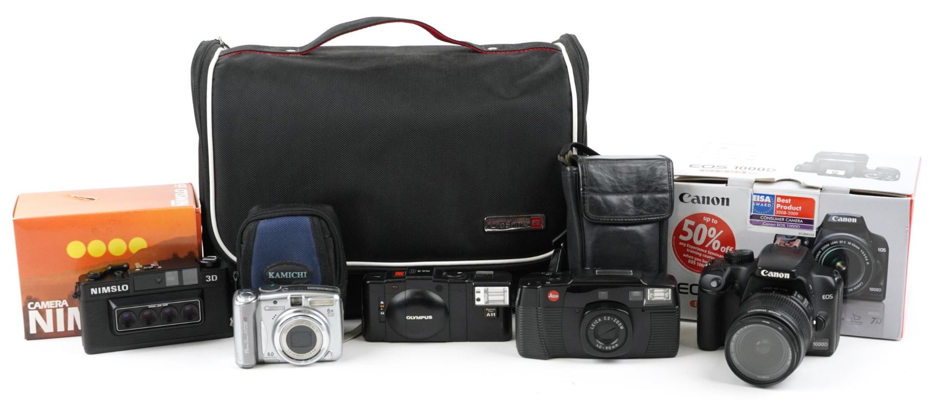 Cameras comprising Canon 1000D, Leica C2 Zoom, Olympus XA2, Canon A720 and Nimslo 3D : For further