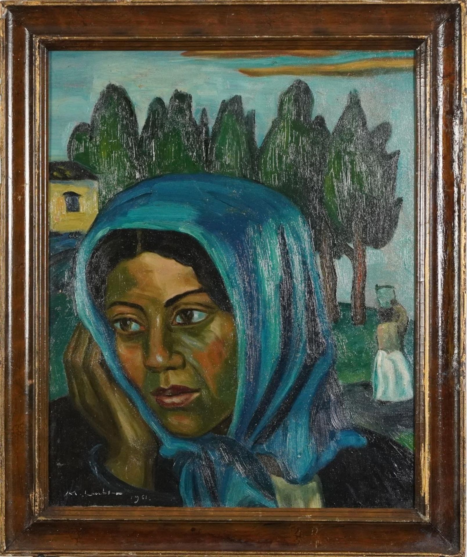 Village scene with water carrier, Middle Eastern school oil on board, bearing an indistinct - Image 2 of 6