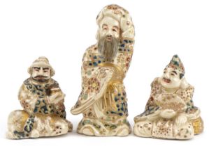 Three Japanese Satsuma pottery figures including two warriors, the largest 9.5cm high : For