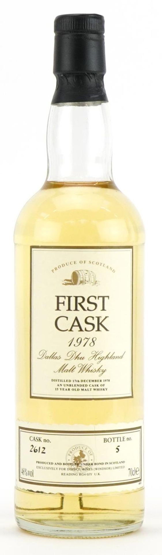 Bottle of First Cask 1978 Dallas Dhu Highland 15 Year Old Malt whisky, cask number 2612, bottle