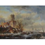 Skaters on a frozen river before windmills, 20th century Dutch school oil on wood panel, mounted and