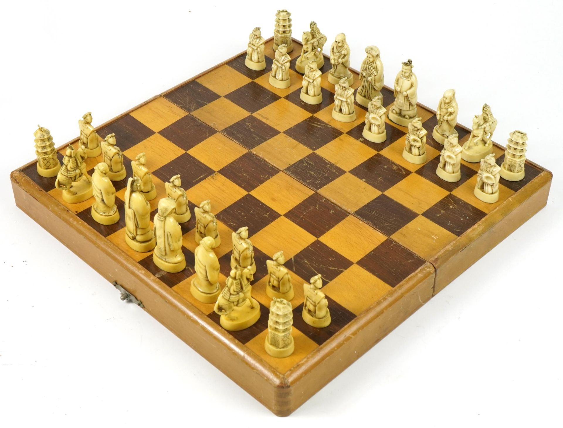Chinese ivorine chess set housed in a fitted folding chess board, the chess board 39cm x 40cm : - Image 2 of 5