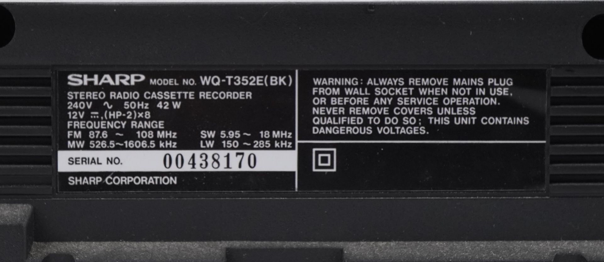 Vintage Sharp stereo radio cassette recorder, model WQ-T352E (BK) : For further information on - Image 3 of 3