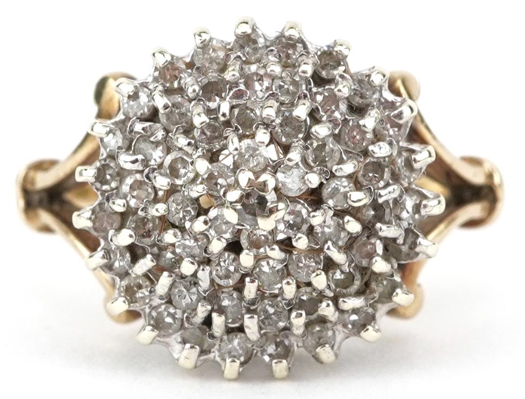 9ct gold diamond five tier cluster ring with split shoulders, size L, 3.8g : For further information