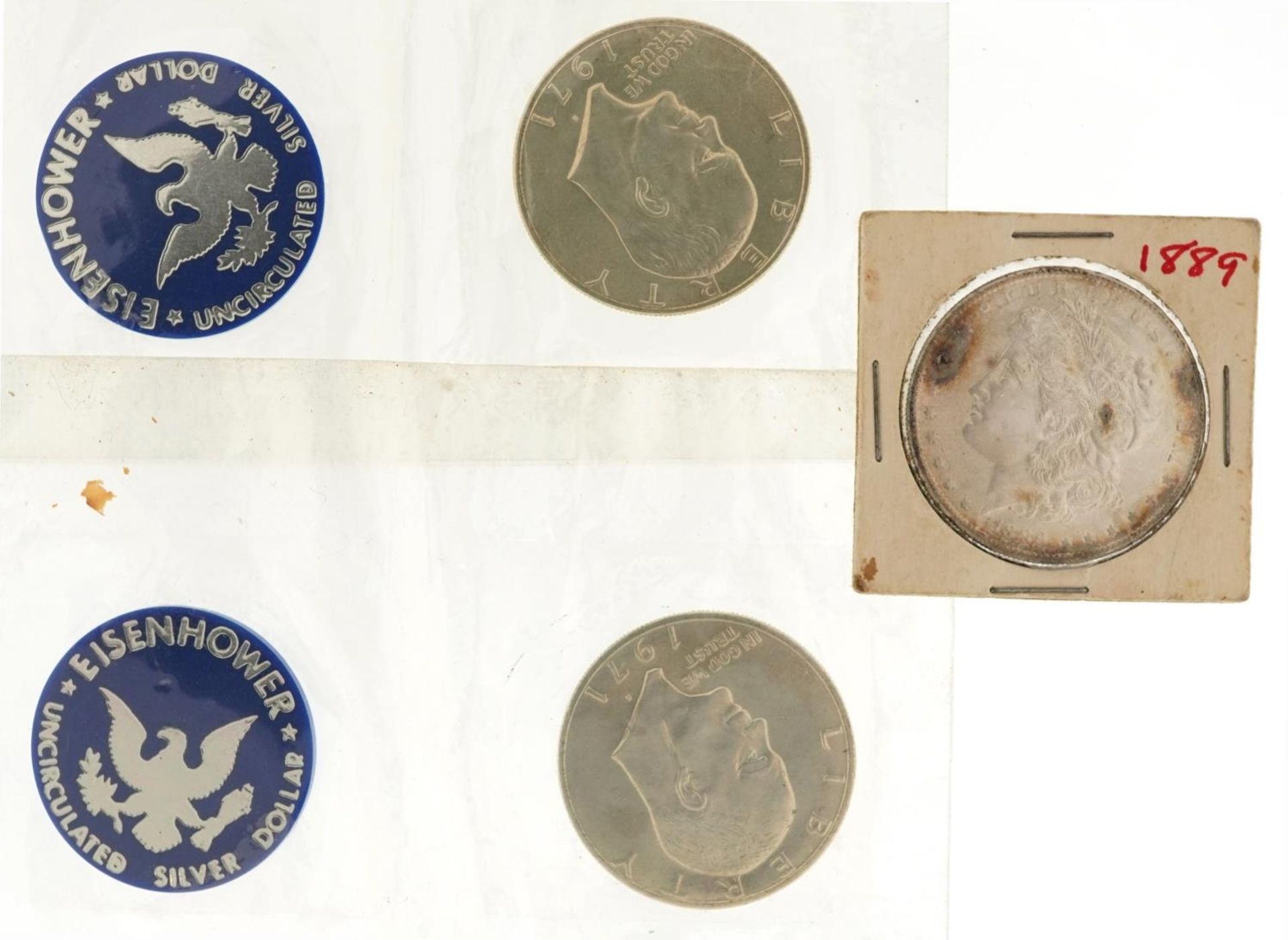 Three American dollars comprising 1889 Morgan dollar, Liberty Head dollar and two 1971 Eisenhower - Bild 2 aus 2