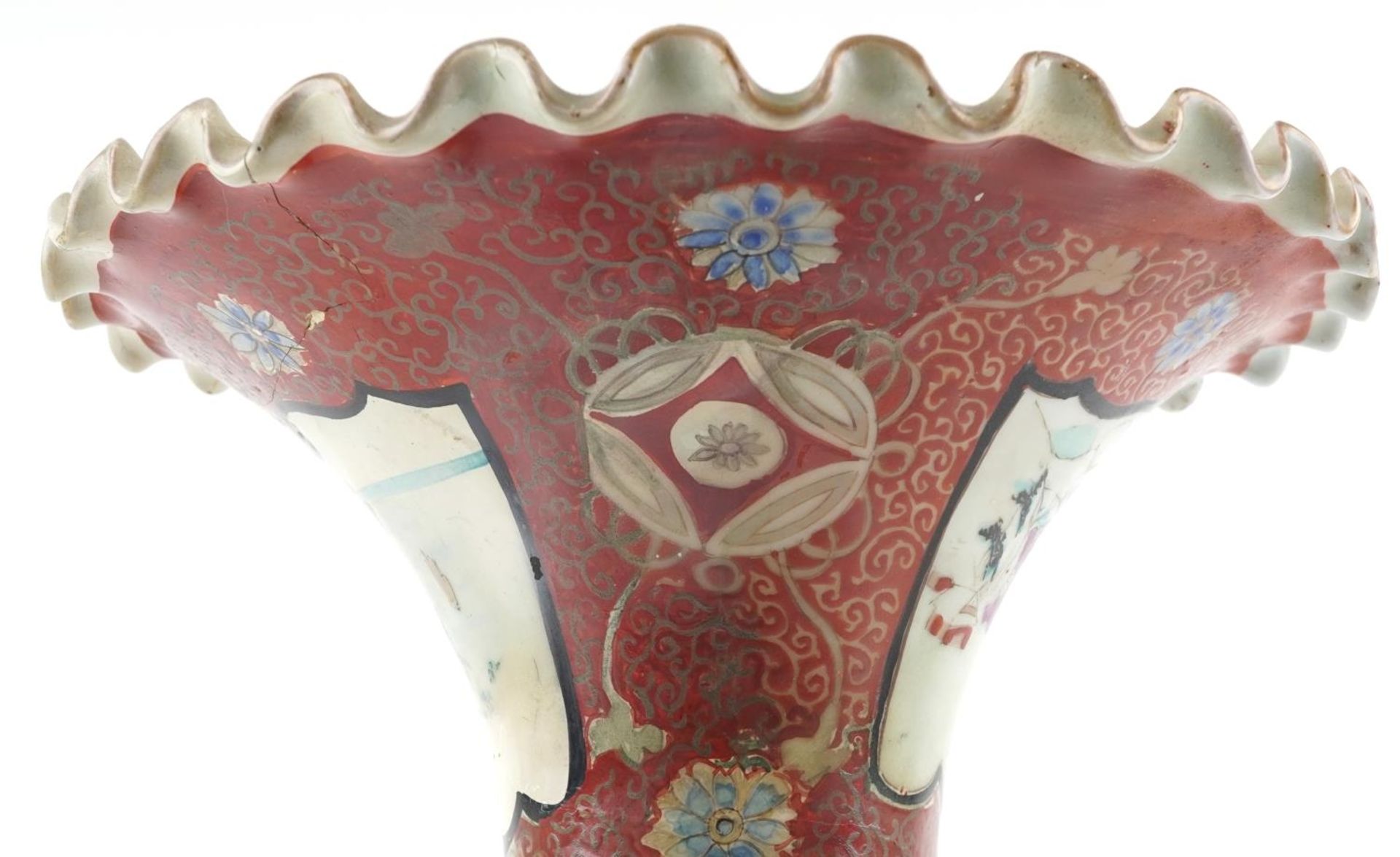 Japanese Arita porcelain vase with frilled rim hand painted with flowers, 55cm high : For further - Image 7 of 10