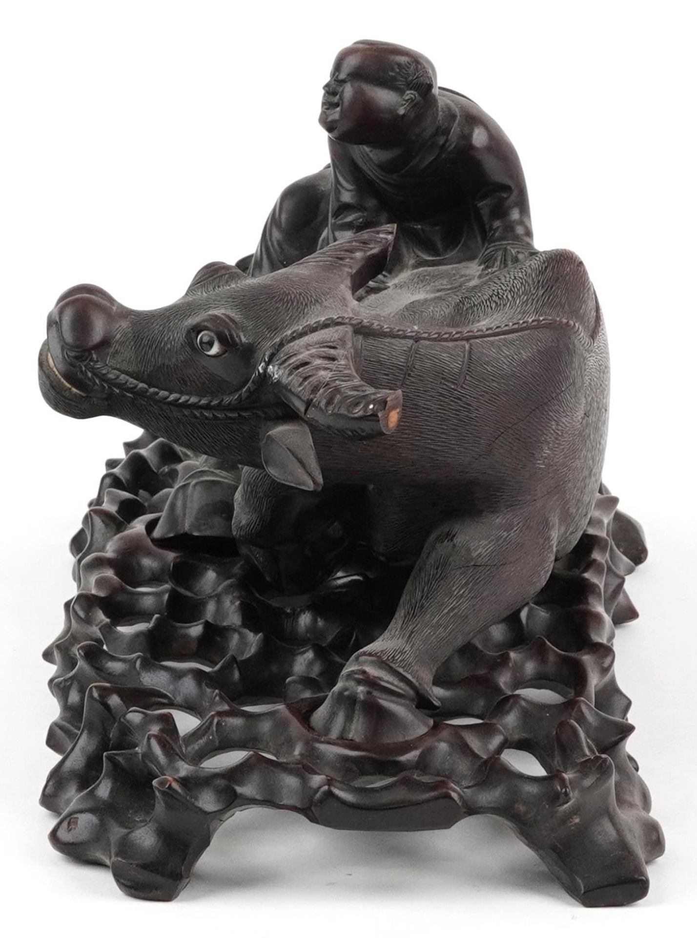 Large Chinese hardwood carving on stand of a boy on buffalo, 41.5cm in length : For further - Image 3 of 7