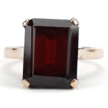 Unmarked gold garnet ring, tests as 9ct gold, the garnet approximately 11.0mm x 9.0mm, size J, 3.