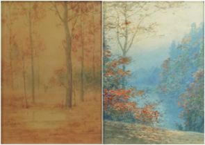 Woodland and Water Through Trees, pair of early 20th century Japanese school watercolours, each