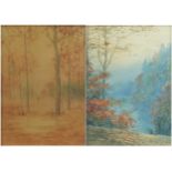 Woodland and Water Through Trees, pair of early 20th century Japanese school watercolours, each