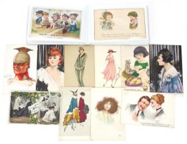 Early 20th century and later comical postcards arranged in an album including Donald McGill examples
