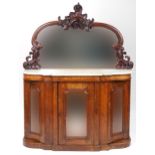 Victorian inlaid walnut breakfront credenza with white marble top and mirrored back above three