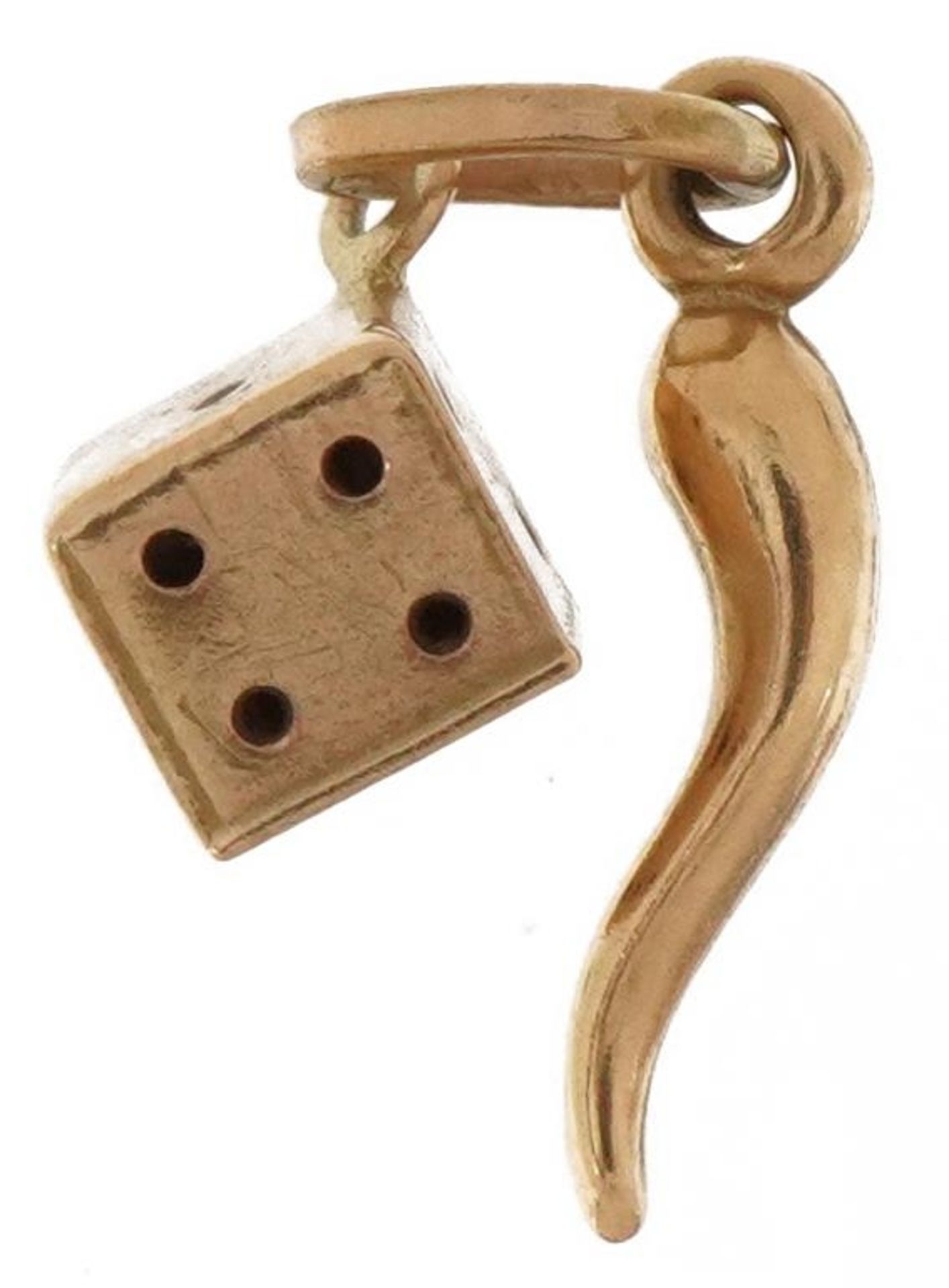 9ct gold horn of plenty and dice charm, 1.6cm high, 0.4g : For further information on this lot