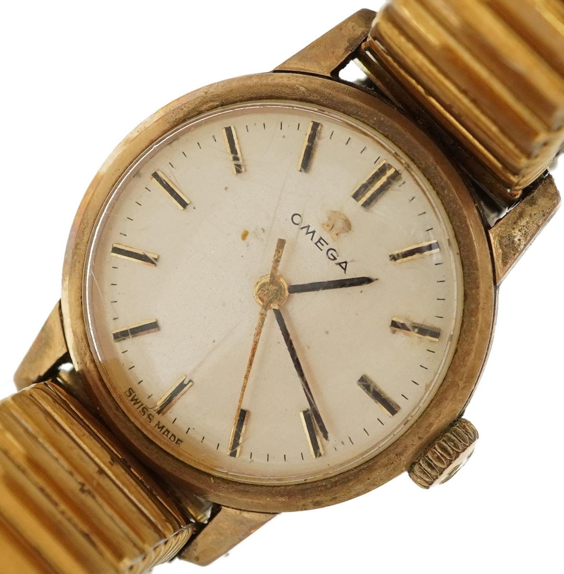 Omega, ladies 9ct gold Omega manual wristwatch with gold plated strap, the movement numbered 630,
