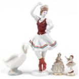 Collectable china including pair of Dresden lace figurines and a Hungarian figurine by Hollohaza,