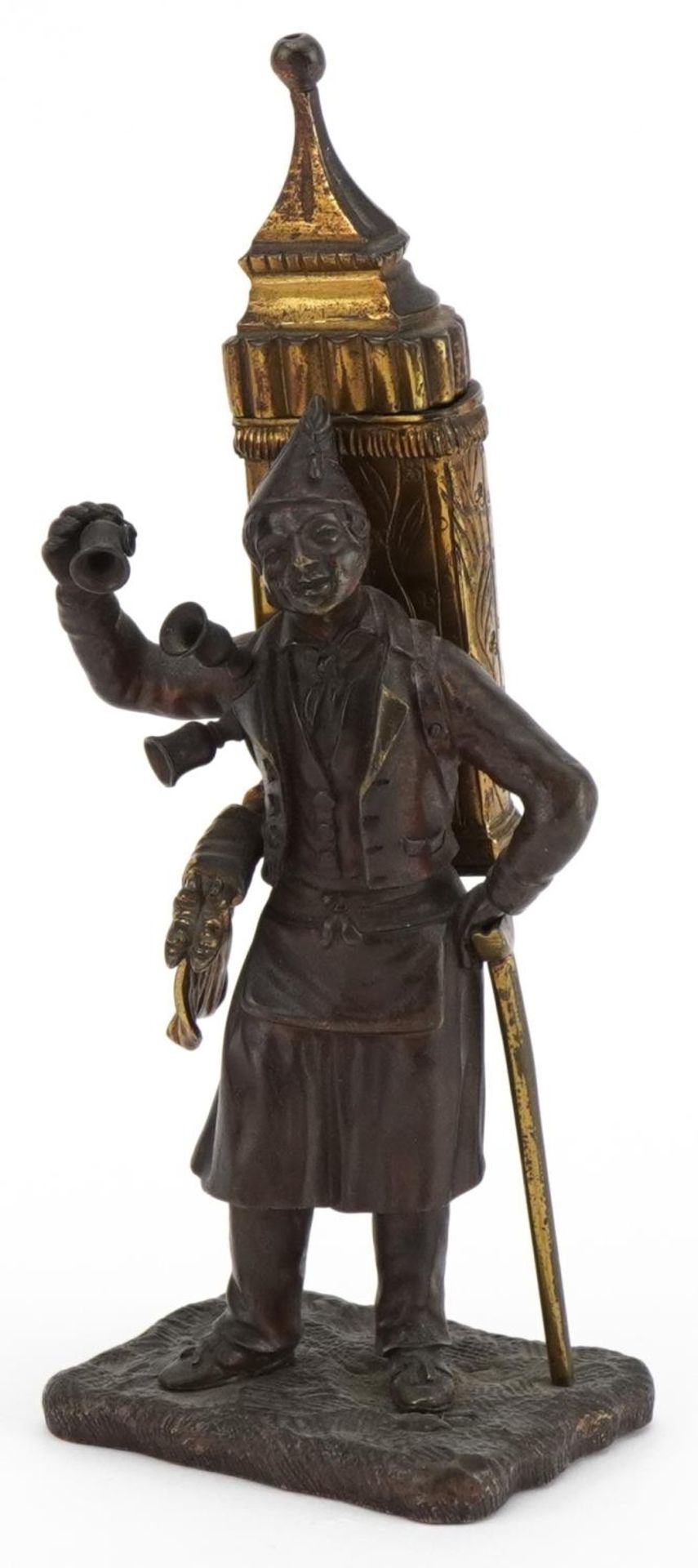 19th century partially gilt patinated bronze table vesta in the form of a pedlar, 19cm high : For