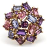 9ct gold amethyst and garnet cocktail ring, size K/L, 4.7g : For further information on this lot