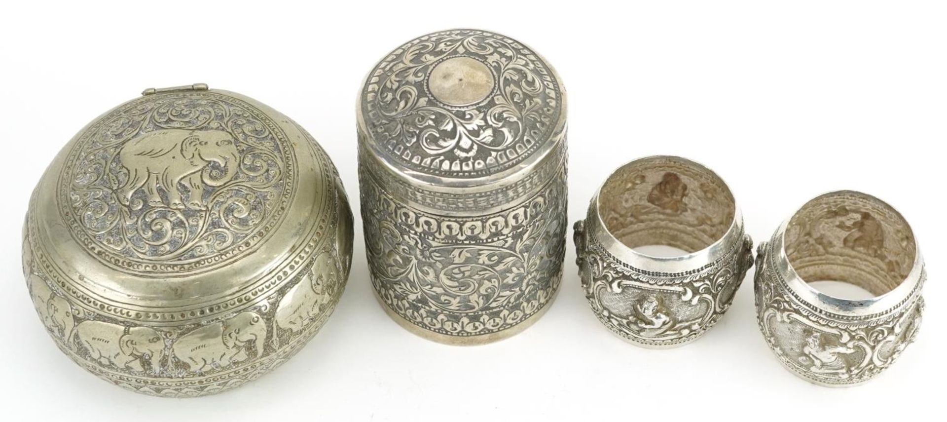 Burmese metalware including an unmarked silver cylindrical pot and cover, pair of unmarked silver - Bild 2 aus 4