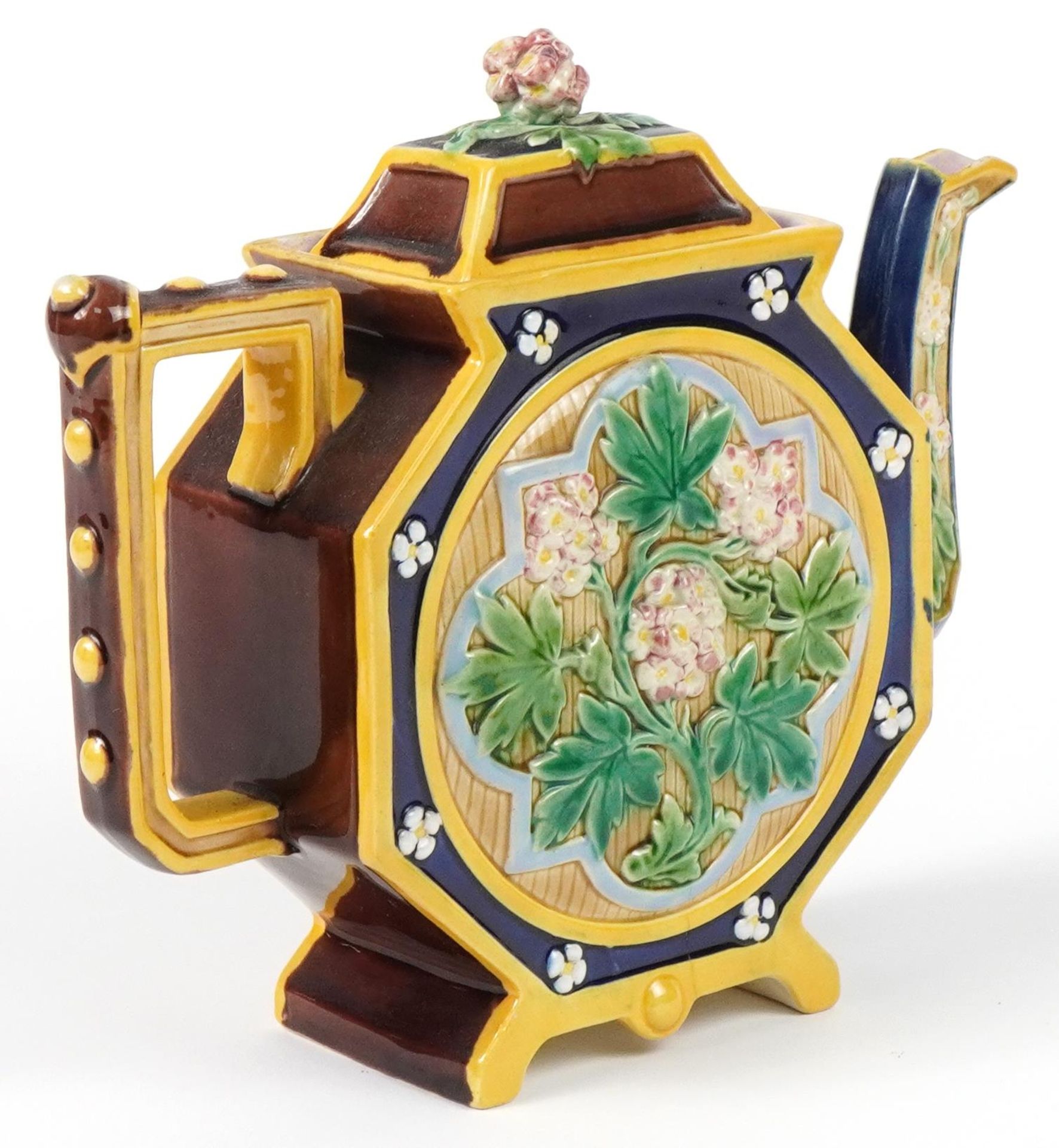 Brown Westhead Moore, Victorian aesthetic Majolica teapot decorated in relief with flowers, 22.5cm - Image 2 of 4