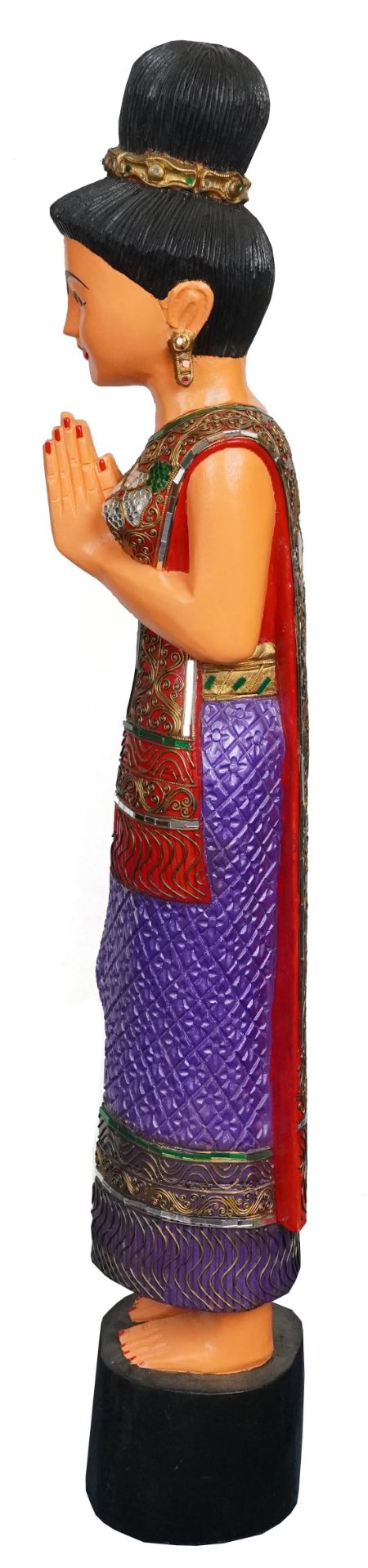 Thai floor standing carved wood figure of a female wearing a jewelled dress, 128cm high : For - Image 2 of 4