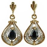 Pair of 9ct gold sapphire and diamond teardrop earrings, 2.5cm high, 3.2g : For further