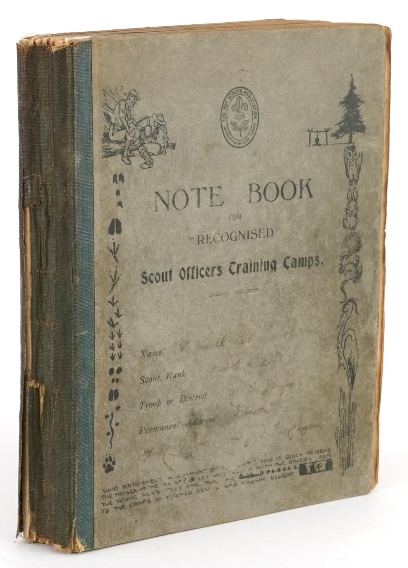 Early 20th century notebook for Recognised Scout Officers training camps relating to William Russell