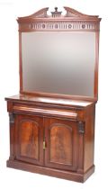 Victorian mahogany side cupboard with mirrored back above frieze drawer and pair of cupboard