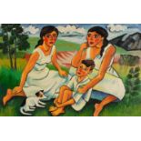 Manner of Max Pechstein - Family and dog, oil on board, mounted and framed, 59cm x 39.5cm