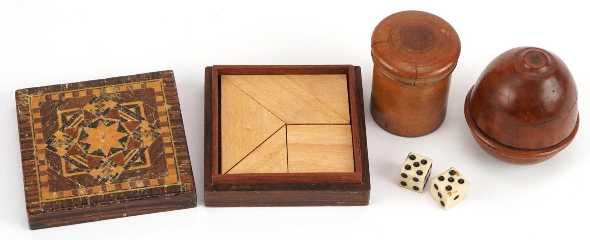 19th century treen including a square Tunbridge Ware puzzle box with tangram pieces, the largest 5.