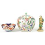 Chinese and Japanese ceramics including a Satsuma figure of an elder and a ginger jar hand painted