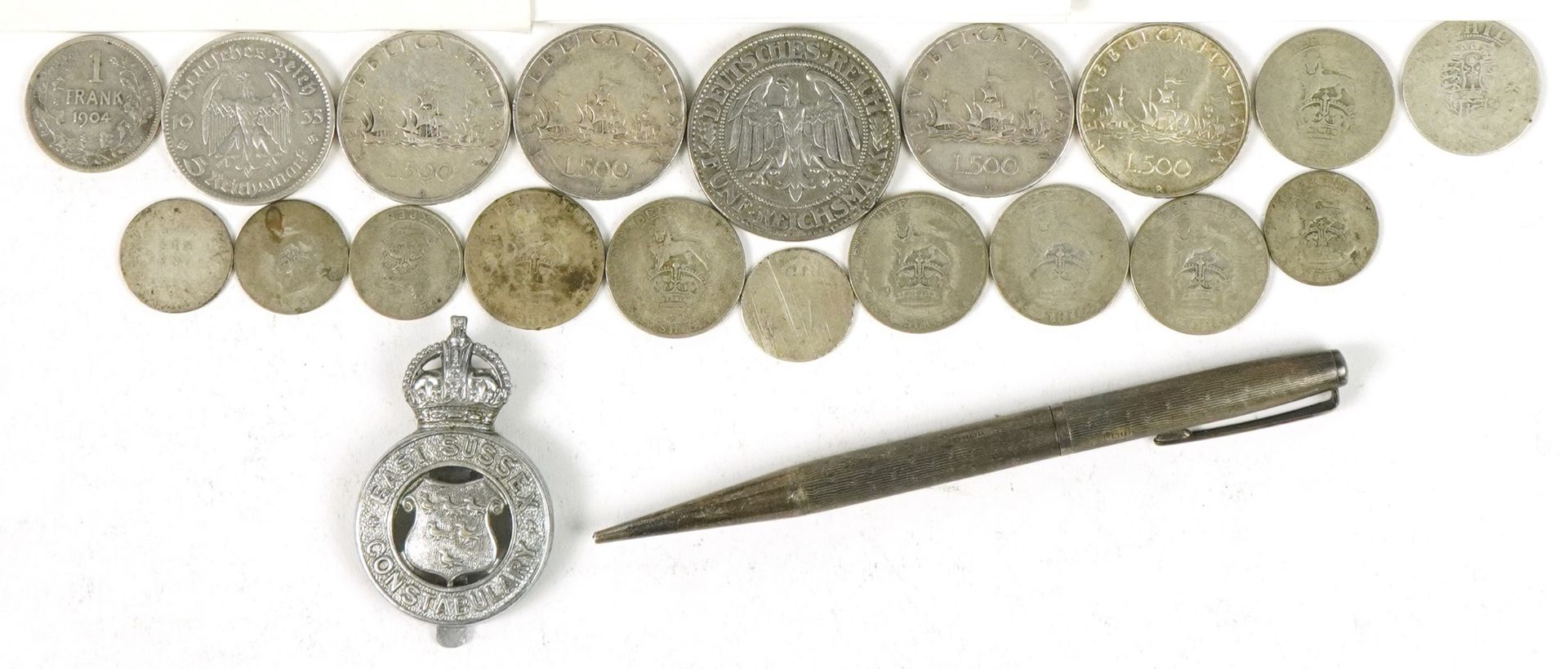 Coins and sundry items including silver Yard-O-Led propelling pencil and East Sussex Constabulary - Image 3 of 4
