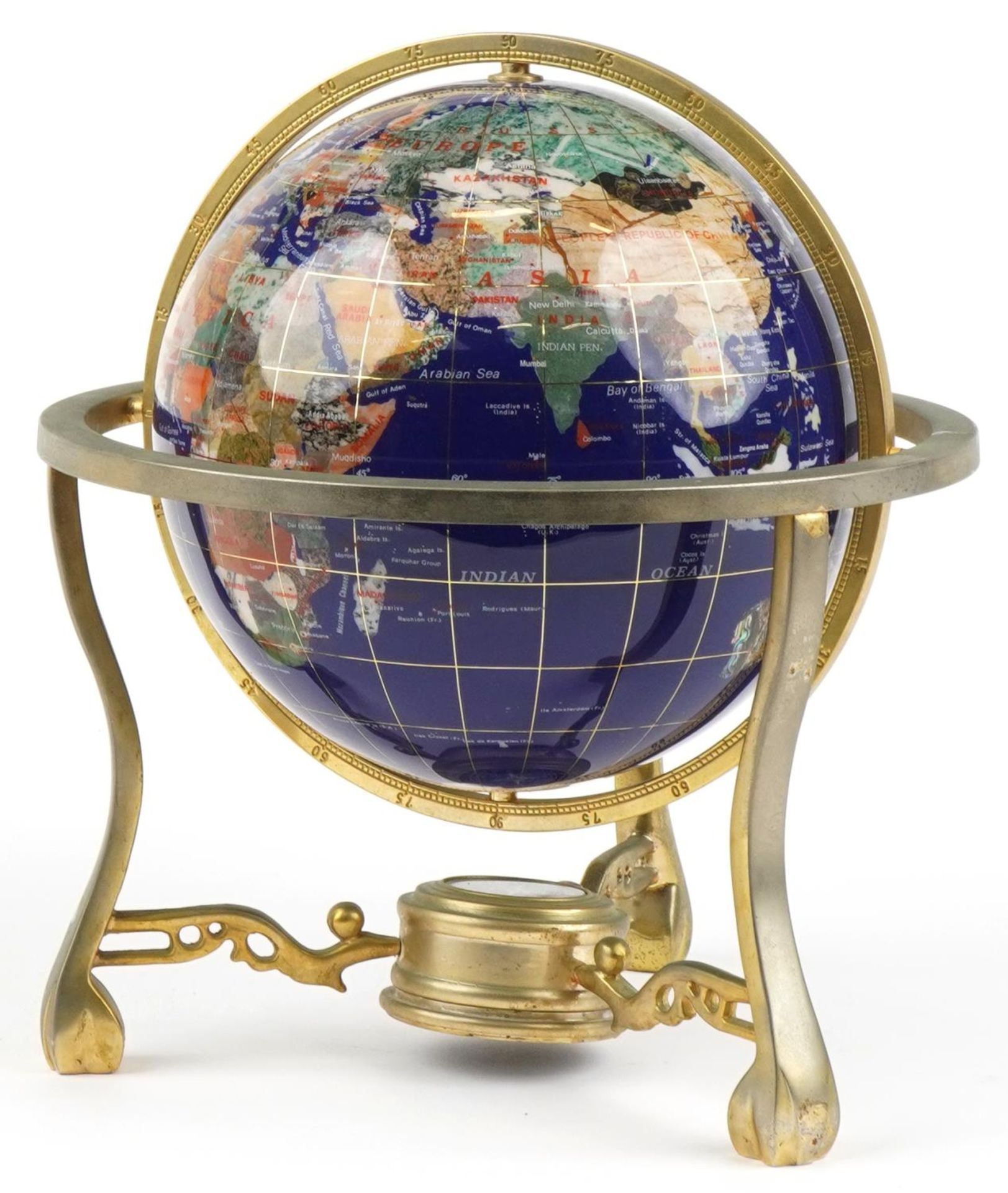 Specimen table globe with bronzed mounts and compass under tier, 33cm high : For further information
