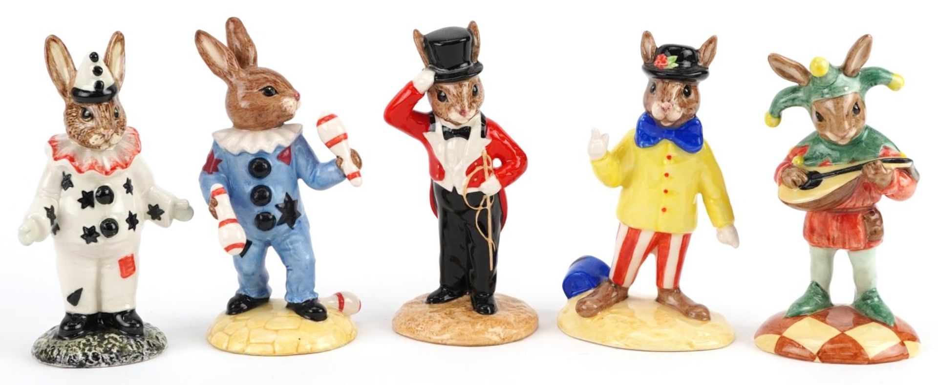 Five Royal Doulton Bunnykins figures, four with certificates, comprising Clown Bunnykins, Ringmaster