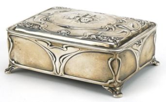 Henry Matthews, Art Nouveau silver jewel box with hinged lid embossed with Putti and stylised