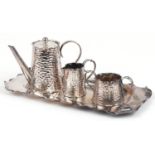 Arts & Crafts silver plated three piece tea set on tray, the largest 32 cm wide : For further