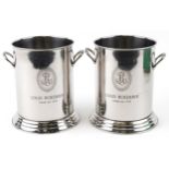 Pair of Louis Roederer design silver plated ice buckets with twin handles, 25cm high x 18.5cm in
