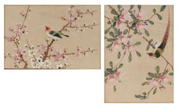 Bird amongst flowers, pair of Chinese watercolours on silk, mounted, framed and glazed, each 30cm