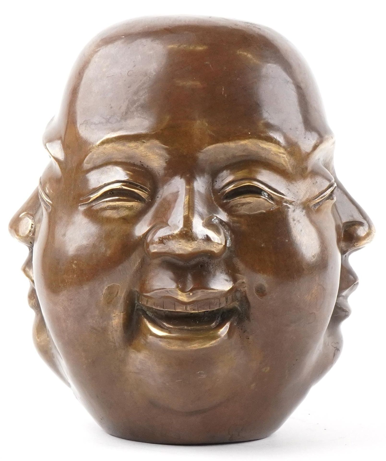 Large Chinese patinated bronze Buddha head, character marks to the base, 19cm high : For further - Image 3 of 7