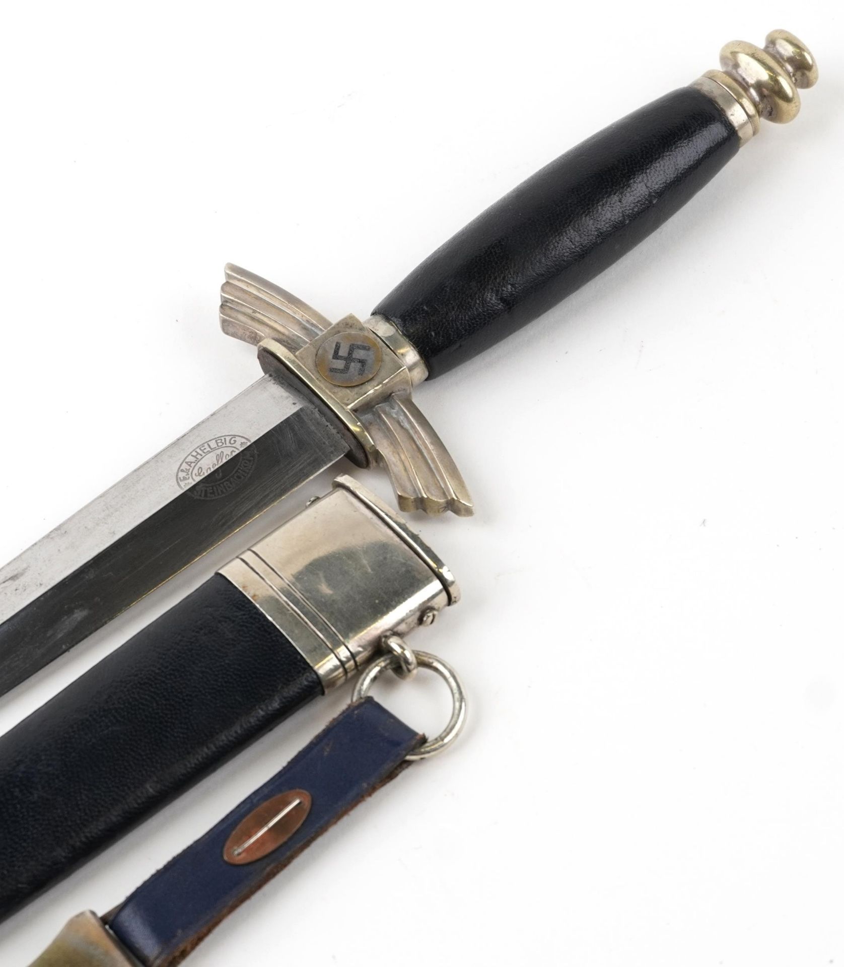 German military interest DLV officer's dagger with hanger, scabbard and steel blade engraved F & A