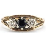 9ct gold sapphire and diamond three stone ring with split shoulders, size L, 2.7g : For further