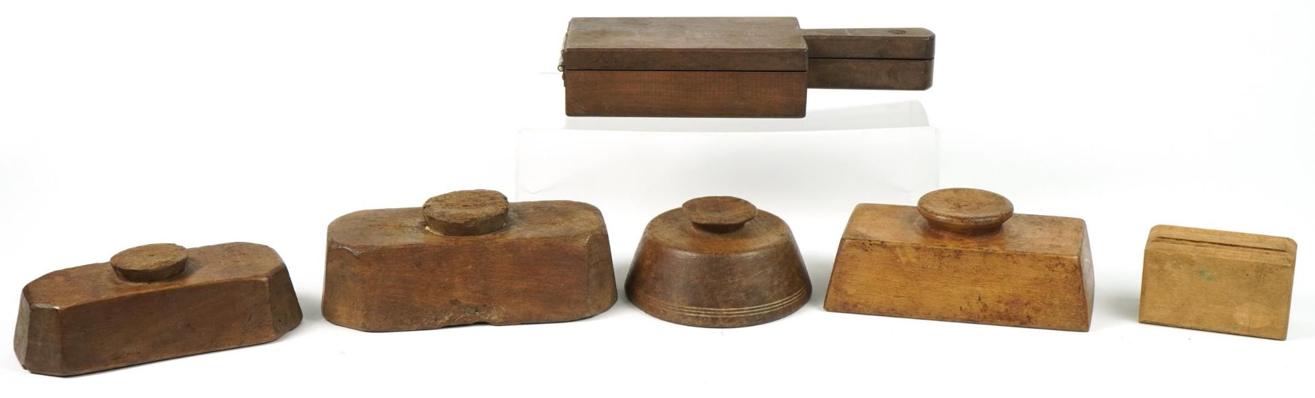 Six Antique French treen butter moulds including examples carved with flowers, the largest 20.5cm in - Image 4 of 5