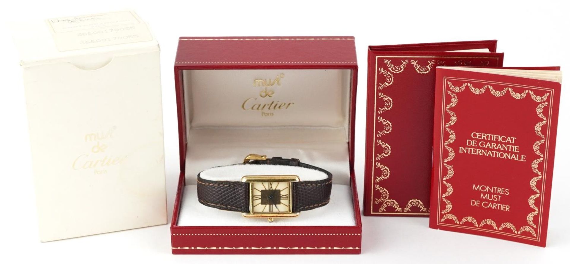Cartier, ladies Must de Cartier silver gilt wristwatch with box and paperwork, 20mm wide : For