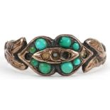 Victorian 9ct gold turquoise and seed pearl ring, indistinct Birmingham hallmarks, size O, 2.1g :