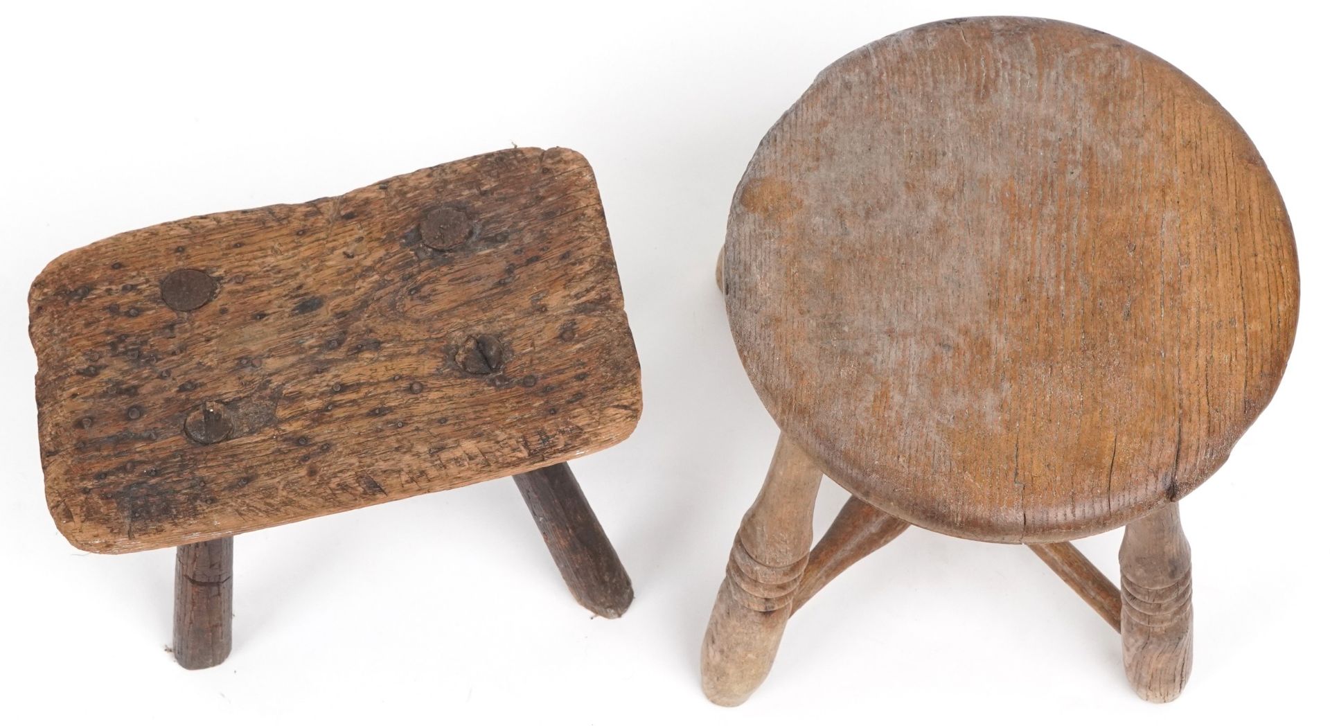 Two antique wooden stools, the largest 31cm high : For further information on this lot please - Image 2 of 3