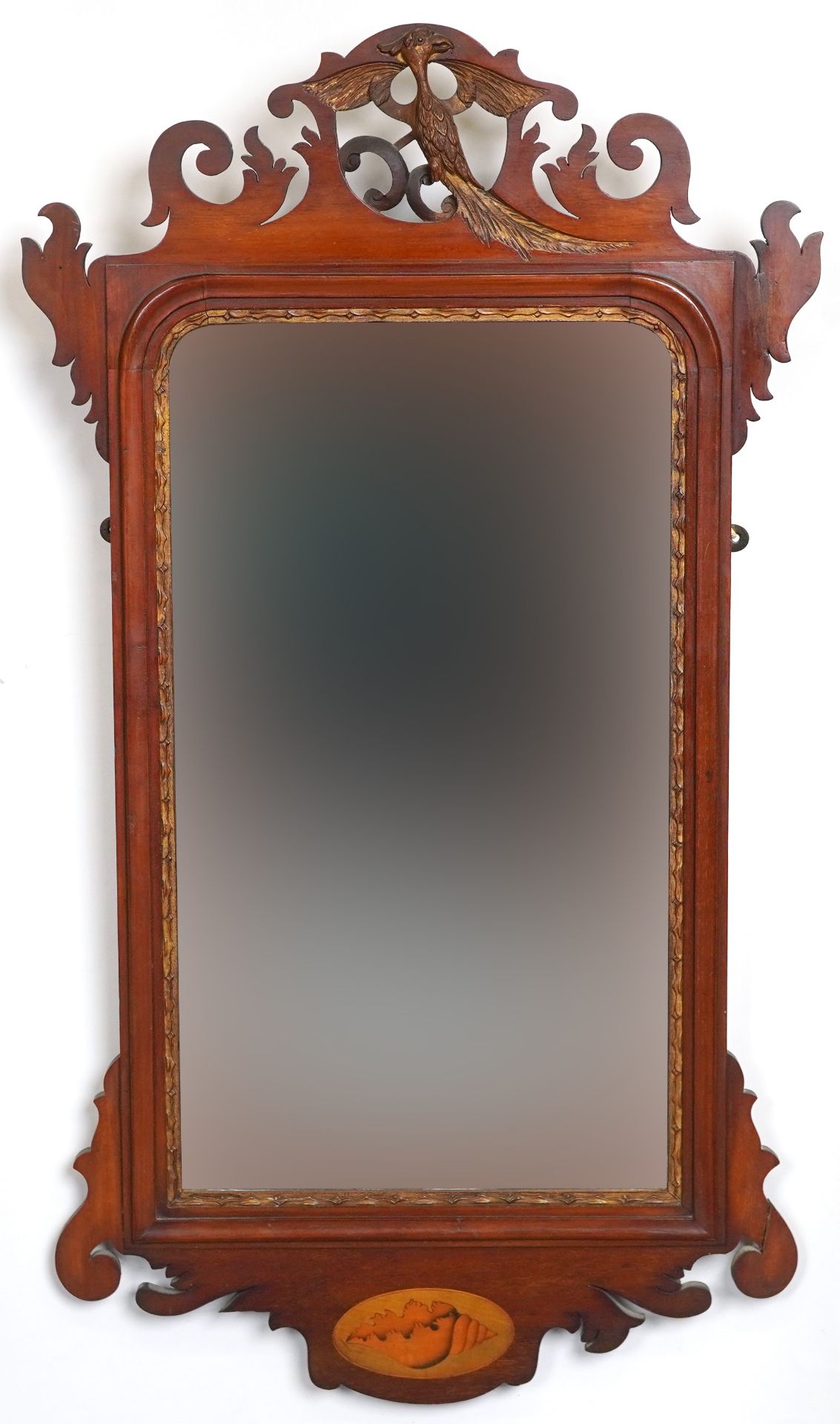 Pair of George III style mahogany pier mirrors with shell inlay and bird carvings, 91.5cm x 51cm : - Image 3 of 8