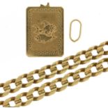 14ct gold curb link necklace and a 14ct gold pendant engraved with fish, the necklace 64cm in