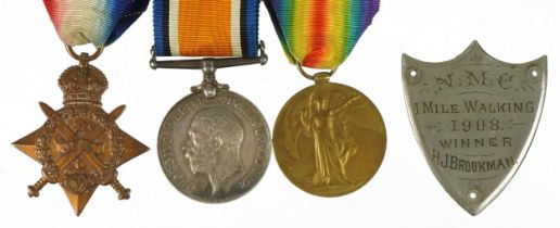 British military World War I trio with plaque, the trio awarded to M1-08368PTE.H.J.BROOKMAN.A.S.C. :