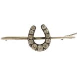 Antique unmarked silver and clear paste lucky horseshoe bar brooch, 5.5cm wide, 6.2g : For further