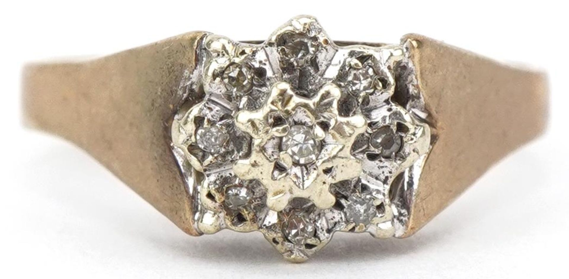 9ct gold diamond flower head ring, size P, 3.3g : For further information on this lot please visit